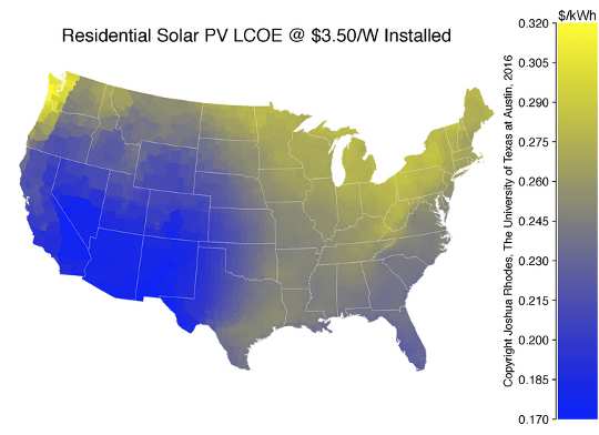 LCOE of residential solar across the U.S.