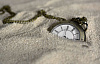 a pocket watch semi-buried in the sand