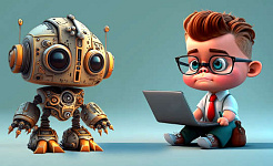 a drawing of a young man at a laptop with a robot sitting in front of him